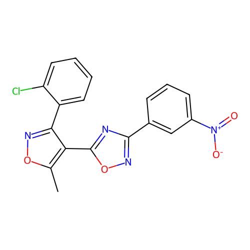 5-[3-(2-chlorophenyl)-5-methyl-1,2-oxazol-4-yl]-3-(3-nitrophenyl)-1,2,4-oxadiazole structure