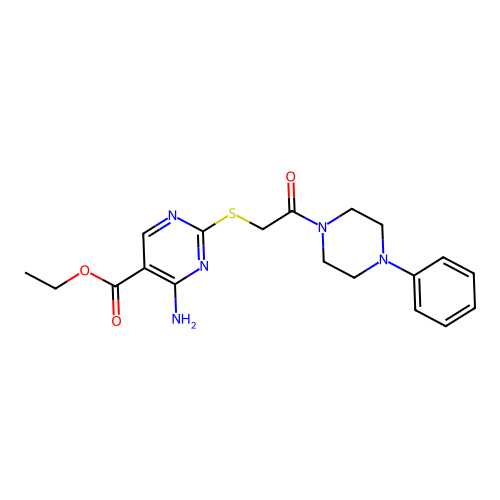 ethyl 4-amino-2-{[2-oxo-2-(4-phenyl-1-piperazinyl)ethyl]thio}-5-pyrimidinecarboxylate structure