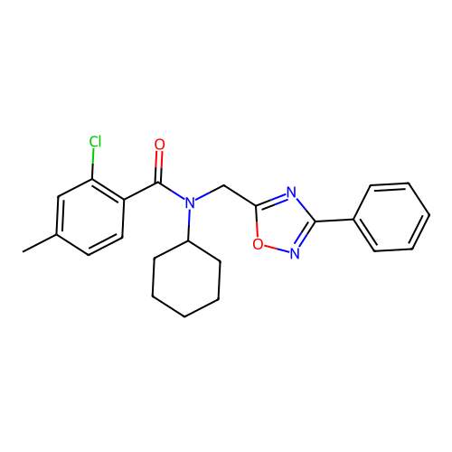 2-chloro-N-cyclohexyl-4-methyl-N-[(3-phenyl-1,2,4-oxadiazol-5-yl)methyl]benzamide structure