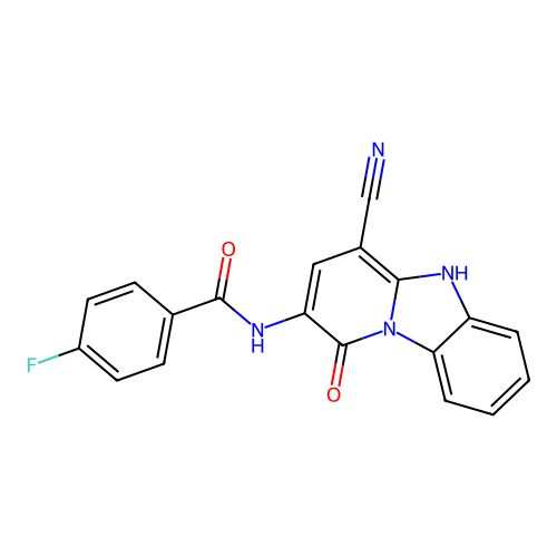 N-(4-cyano-1-oxo-5H-pyrido[1,2-a]benzimidazol-2-yl)-4-fluorobenzamide structure