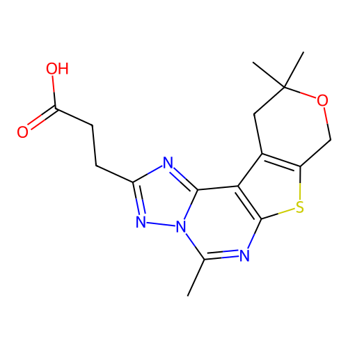 3-(5,10,10-trimethyl-10,11-dihydro-8H-pyrano[4',3':4,5]thieno[3,2-e][1,2,4]triazolo[1,5-c]pyrimidin-2-yl)propanoic acid structure