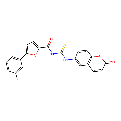 5-(3-chlorophenyl)-N-[(2-oxochromen-6-yl)carbamothioyl]furan-2-carboxamide structure