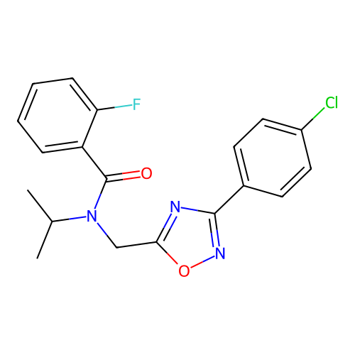 N-[[3-(4-chlorophenyl)-1,2,4-oxadiazol-5-yl]methyl]-2-fluoro-N-propan-2-ylbenzamide structure