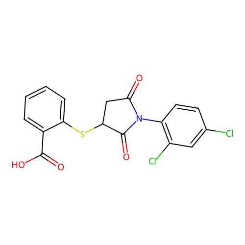 2-((1-(2,4-Dichlorophenyl)-2,5-dioxopyrrolidin-3-yl)thio)benzoic acid structure