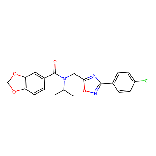 N-[[3-(4-chlorophenyl)-1,2,4-oxadiazol-5-yl]methyl]-N-propan-2-yl-1,3-benzodioxole-5-carboxamide structure