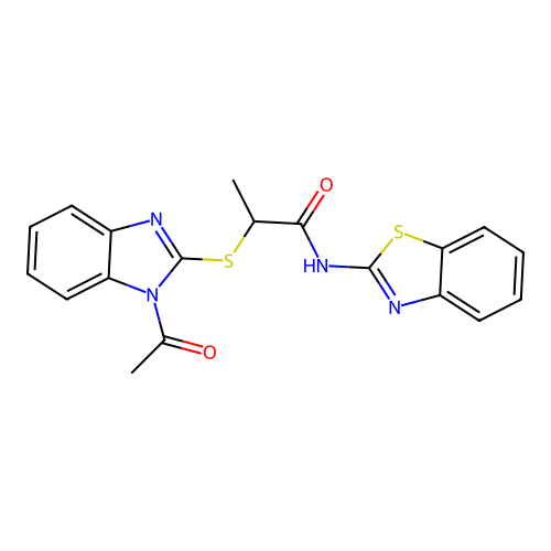 2-(1-acetylbenzimidazol-2-yl)sulfanyl-N-(1,3-benzothiazol-2-yl)propanamide structure