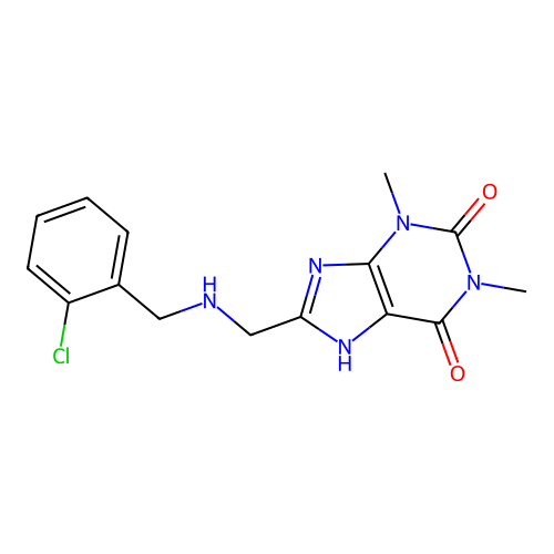 8-(((2-chlorobenzyl)amino)methyl)-1,3-dimethyl-1H-purine-2,6(3H,7H)-dione structure