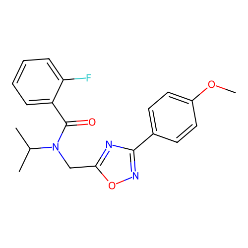 2-fluoro-N-[[3-(4-methoxyphenyl)-1,2,4-oxadiazol-5-yl]methyl]-N-propan-2-ylbenzamide structure