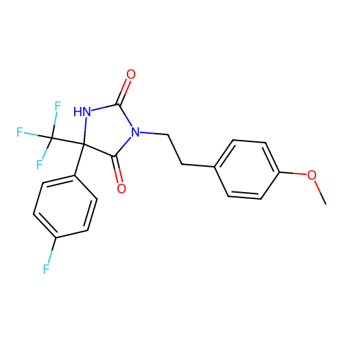 5-(4-fluorophenyl)-3-[2-(4-methoxyphenyl)ethyl]-5-(trifluoromethyl)imidazolidine-2,4-dione structure