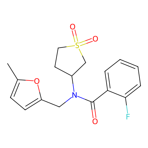 N-(1,1-dioxothiolan-3-yl)-2-fluoro-N-[(5-methylfuran-2-yl)methyl]benzamide structure
