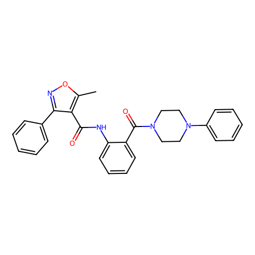 5-methyl-3-phenyl-N-[2-(4-phenylpiperazine-1-carbonyl)phenyl]-1,2-oxazole-4-carboxamide structure