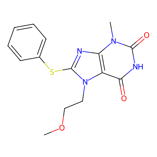 7-(2-Methoxyethyl)-3-methyl-8-(phenylthio)purine-2,6-dione structure