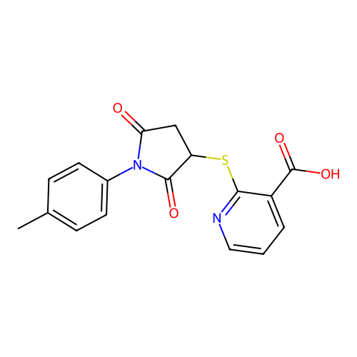 2-([1-(4-Methylphenyl)-2,5-dioxopyrrolidin-3-yl]thio)nicotinic acid structure