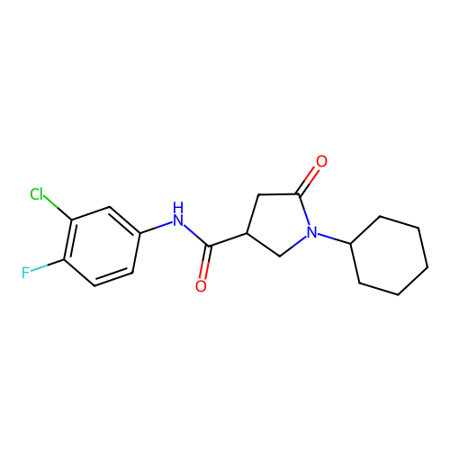 N-(3-chloro-4-fluorophenyl)-1-cyclohexyl-5-oxopyrrolidine-3-carboxamide structure