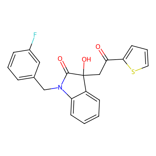 1-[(3-Fluorophenyl)methyl]-3-hydroxy-3-(2-oxo-2-thiophen-2-ylethyl)indol-2-one structure