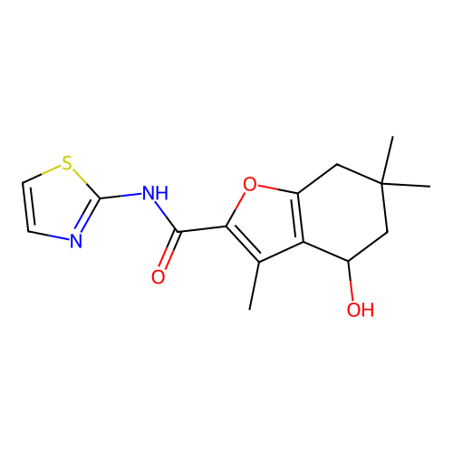 4-hydroxy-3,6,6-trimethyl-N-(1,3-thiazol-2-yl)-4,5,6,7-tetrahydro-1-benzofuran-2-carboxamide structure