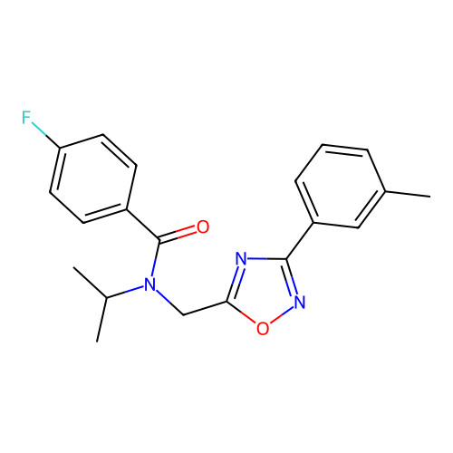 4-fluoro-N-[[3-(3-methylphenyl)-1,2,4-oxadiazol-5-yl]methyl]-N-propan-2-ylbenzamide structure