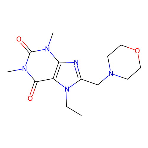 7-ethyl-1,3-dimethyl-8-(morpholin-4-ylmethyl)-3,7-dihydro-1H-purine-2,6-dione structure