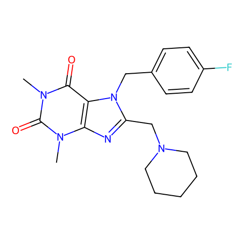 7-(4-fluorobenzyl)-1,3-dimethyl-8-(piperidin-1-ylmethyl)-3,7-dihydro-1H-purine-2,6-dione structure