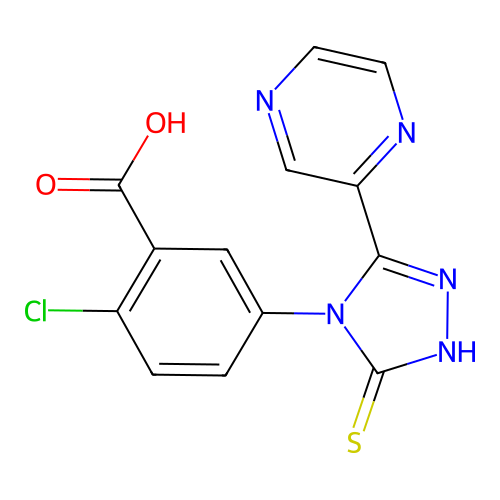2-chloro-5-(3-pyrazin-2-yl-5-sulfanylidene-1H-1,2,4-triazol-4-yl)benzoic acid structure