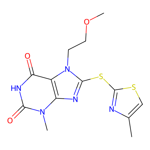 7-(2-methoxyethyl)-3-methyl-8-[(4-methyl-1,3-thiazol-2-yl)sulfanyl]-2,3,6,7-tetrahydro-1H-purine-2,6-dione structure