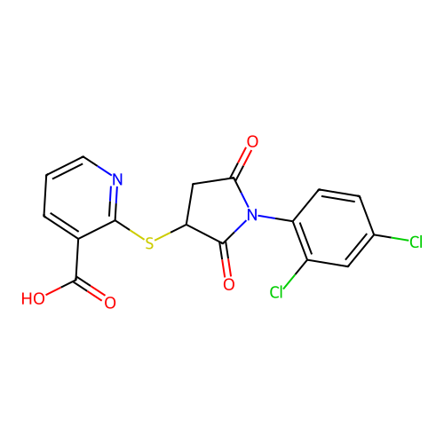 2-((1-(2,4-Dichlorophenyl)-2,5-dioxopyrrolidin-3-yl)thio)nicotinic acid structure