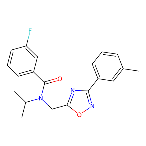 3-fluoro-N-[[3-(3-methylphenyl)-1,2,4-oxadiazol-5-yl]methyl]-N-propan-2-ylbenzamide structure
