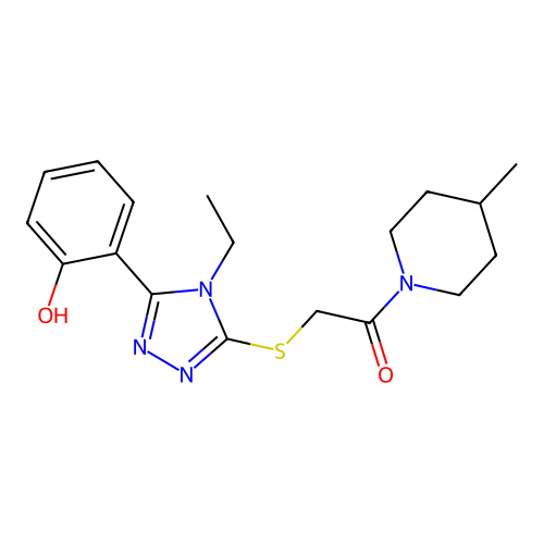 2-{[4-ethyl-5-(2-hydroxyphenyl)-4H-1,2,4-triazol-3-yl]sulfanyl}-1-(4-methylpiperidin-1-yl)ethanone structure