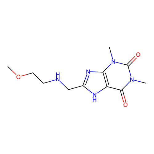 8-(((2-methoxyethyl)amino)methyl)-1,3-dimethyl-1H-purine-2,6(3H,7H)-dione structure