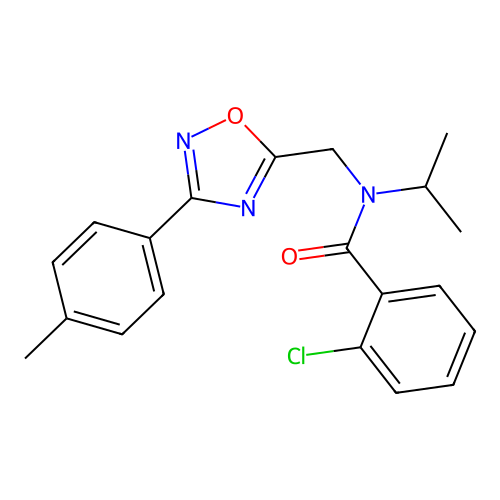 2-chloro-N-[[3-(4-methylphenyl)-1,2,4-oxadiazol-5-yl]methyl]-N-propan-2-ylbenzamide structure