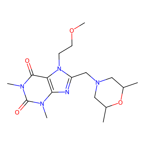 8-[(2,6-dimethylmorpholin-4-yl)methyl]-7-(2-methoxyethyl)-1,3-dimethyl-3,7-dihydro-1H-purine-2,6-dione structure