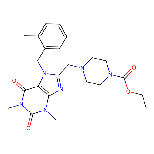ethyl 4-({1,3-dimethyl-7-[(2-methylphenyl)methyl]-2,6-dioxo-2,3,6,7-tetrahydro-1H-purin-8-yl}methyl)piperazine-1-carboxylate structure