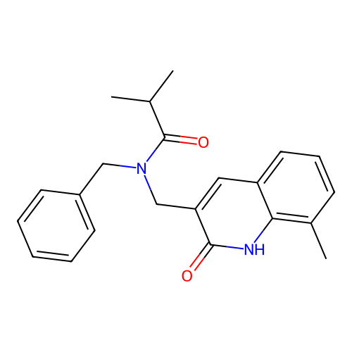 N-benzyl-2-methyl-N-[(8-methyl-2-oxo-1H-quinolin-3-yl)methyl]propanamide structure