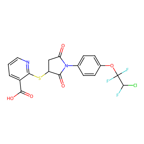 2-({1-[4-(2-chloro-1,1,2-trifluoroethoxy)phenyl]-2,5-dioxopyrrolidin-3-yl}sulfanyl)pyridine-3-carboxylic acid structure