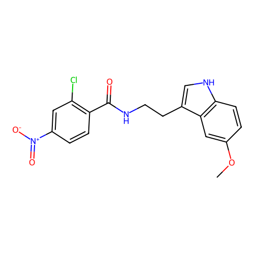 2-chloro-N-[2-(5-methoxy-1H-indol-3-yl)ethyl]-4-nitrobenzamide structure