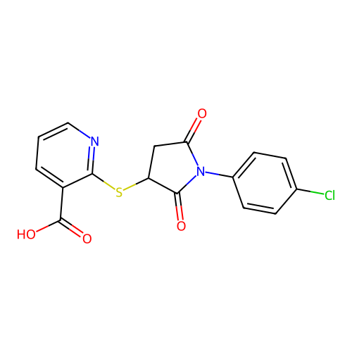 2-((1-(4-Chlorophenyl)-2,5-dioxopyrrolidin-3-yl)thio)nicotinic acid structure
