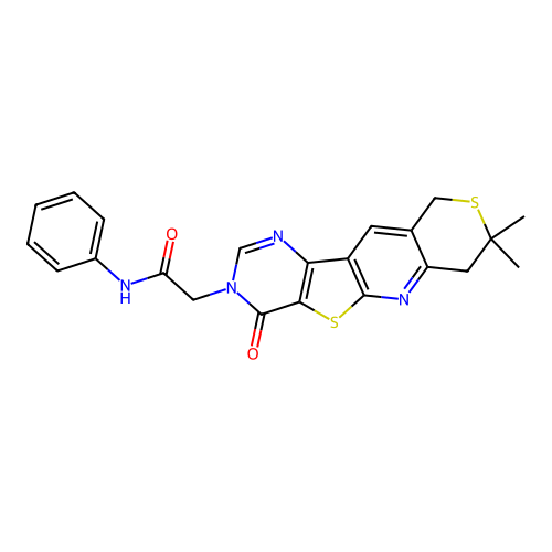 2-(8,8-dimethyl-4-oxo-4,7,8,10-tetrahydro-3H-thiopyrano[3'',4'':5',6']pyrido[3',2':4,5]thieno[3,2-d]pyrimidin-3-yl)-N-phenylacetamide structure