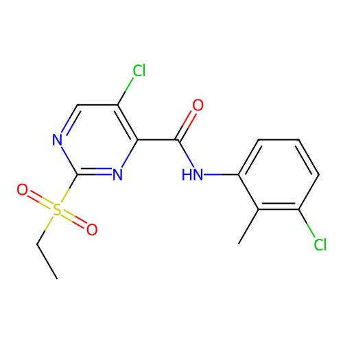 5-chloro-N-(3-chloro-2-methylphenyl)-2-ethylsulfonylpyrimidine-4-carboxamide structure