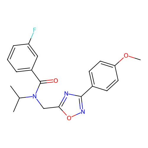 3-fluoro-N-[[3-(4-methoxyphenyl)-1,2,4-oxadiazol-5-yl]methyl]-N-propan-2-ylbenzamide structure