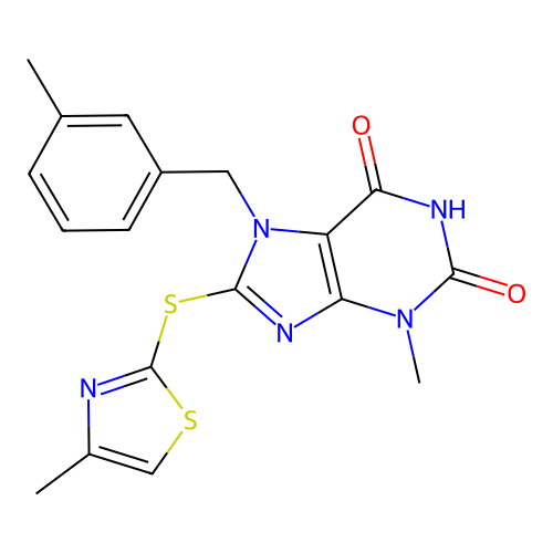 3-methyl-7-(3-methylbenzyl)-8-((4-methylthiazol-2-yl)thio)-1H-purine-2,6(3H,7H)-dione structure