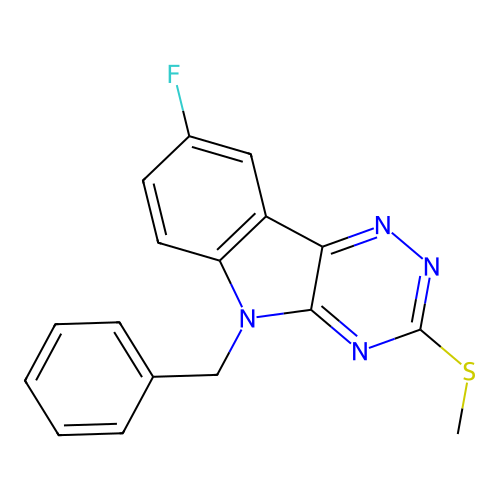 5-Benzyl-8-fluoro-3-methylsulfanyl-[1,2,4]triazino[5,6-b]indole structure