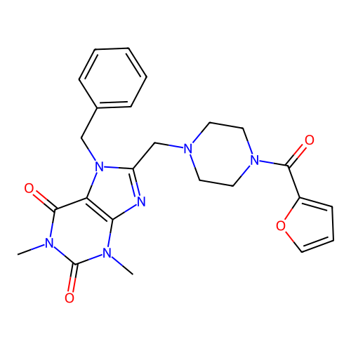 7-benzyl-8-{[4-(furan-2-carbonyl)piperazin-1-yl]methyl}-1,3-dimethyl-2,3,6,7-tetrahydro-1H-purine-2,6-dione structure