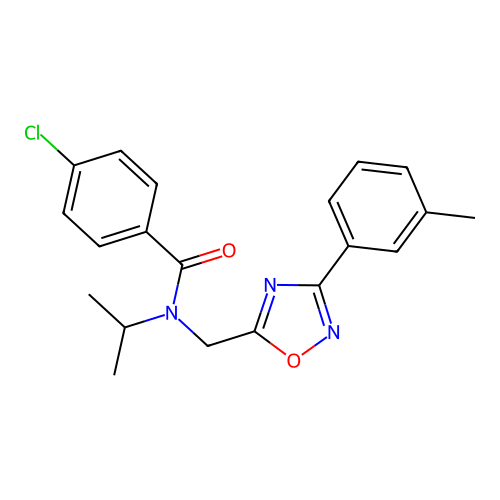 4-chloro-N-[[3-(3-methylphenyl)-1,2,4-oxadiazol-5-yl]methyl]-N-propan-2-ylbenzamide structure