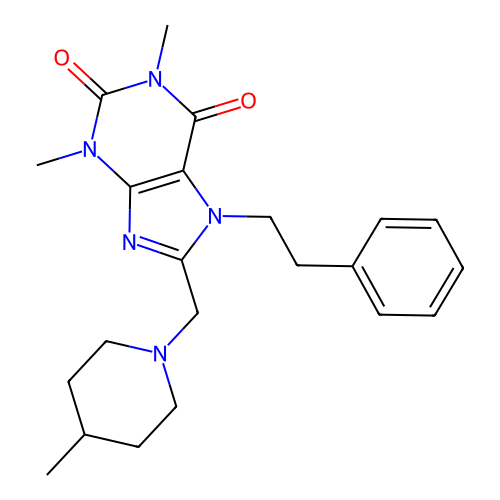 1,3-dimethyl-8-[(4-methylpiperidin-1-yl)methyl]-7-(2-phenylethyl)-3,7-dihydro-1H-purine-2,6-dione structure