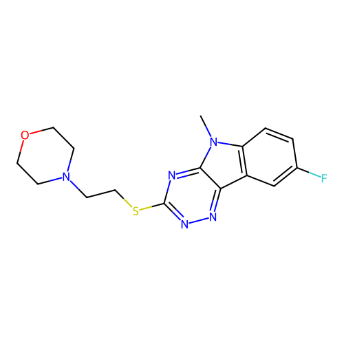 4-[2-[(8-fluoro-5-methyl-[1,2,4]triazino[5,6-b]indol-3-yl)sulfanyl]ethyl]morpholine structure
