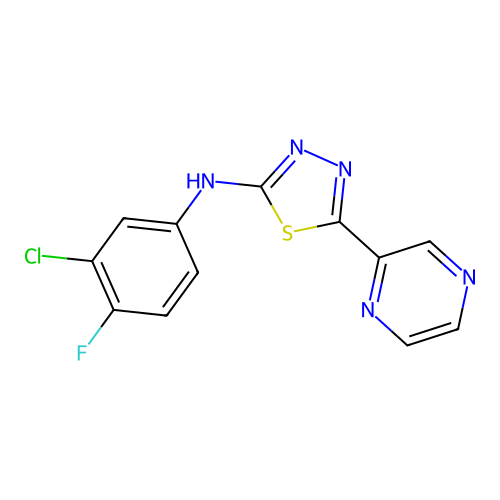 N-(3-chloro-4-fluorophenyl)-5-(pyrazin-2-yl)-1,3,4-thiadiazol-2-amine structure