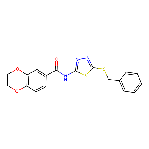 N-[5-(benzylsulfanyl)-1,3,4-thiadiazol-2-yl]-2,3-dihydro-1,4-benzodioxine-6-carboxamide structure