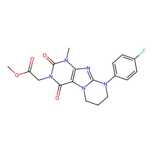 methyl [9-(4-fluorophenyl)-1-methyl-2,4-dioxo-1,4,6,7,8,9-hexahydropyrimido[2,1-f]purin-3(2H)-yl]acetate structure
