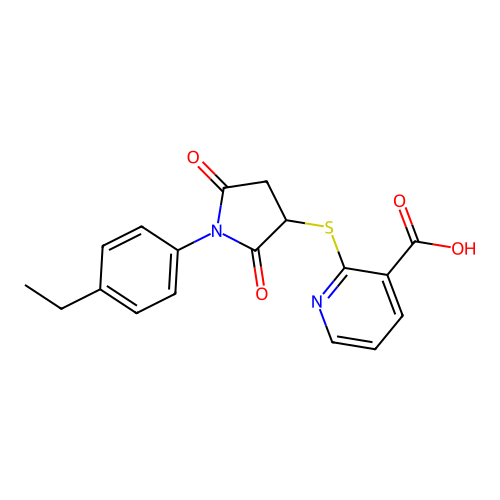 2-((1-(4-Ethylphenyl)-2,5-dioxopyrrolidin-3-yl)thio)nicotinic acid structure
