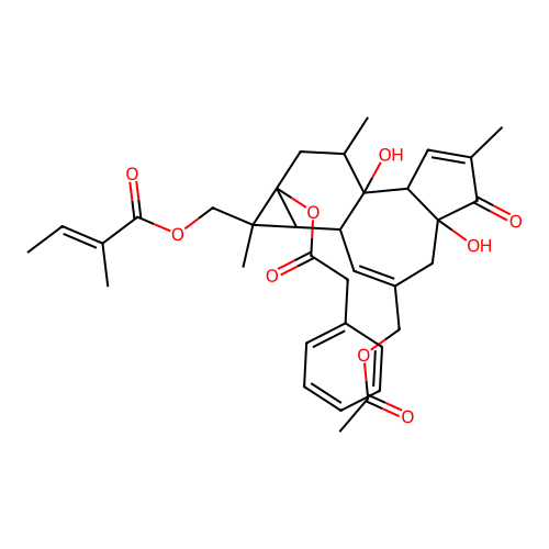 Benzeneacetic acid, 3-((acetyloxy)methyl)-1,1a,1b,4,4a,5,7a,7b,8,9-decahydro-4a,7b-dihydro-1,6,8-trimethyl-1-(((2-methyl-1-oxo-2-butenyl)oxy)methyl)-5-oxo-9aH-cyclopropa(3,4)benz(1,2-e)azulen-9a-yl ester structure
